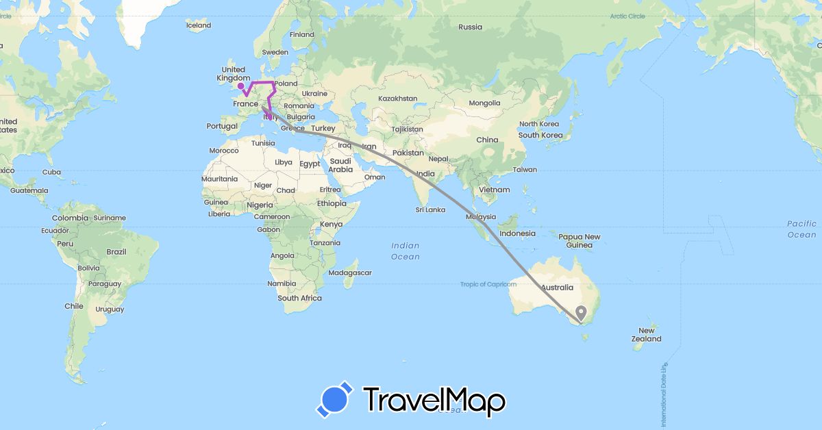 TravelMap itinerary: driving, plane, train in Australia, Czech Republic, Germany, France, United Kingdom, Greece, Italy, Netherlands, Singapore (Asia, Europe, Oceania)